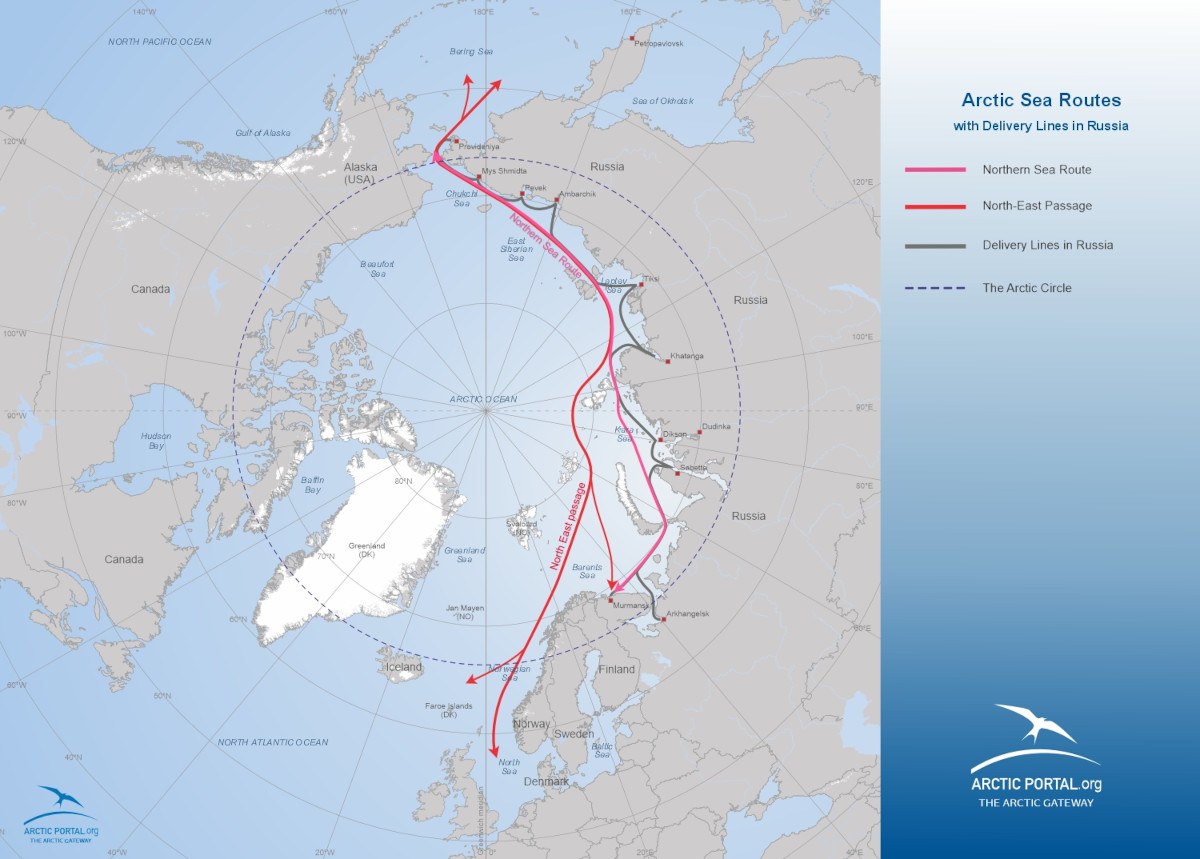Map: Arctic Sea Routes with delivery lines in Russia