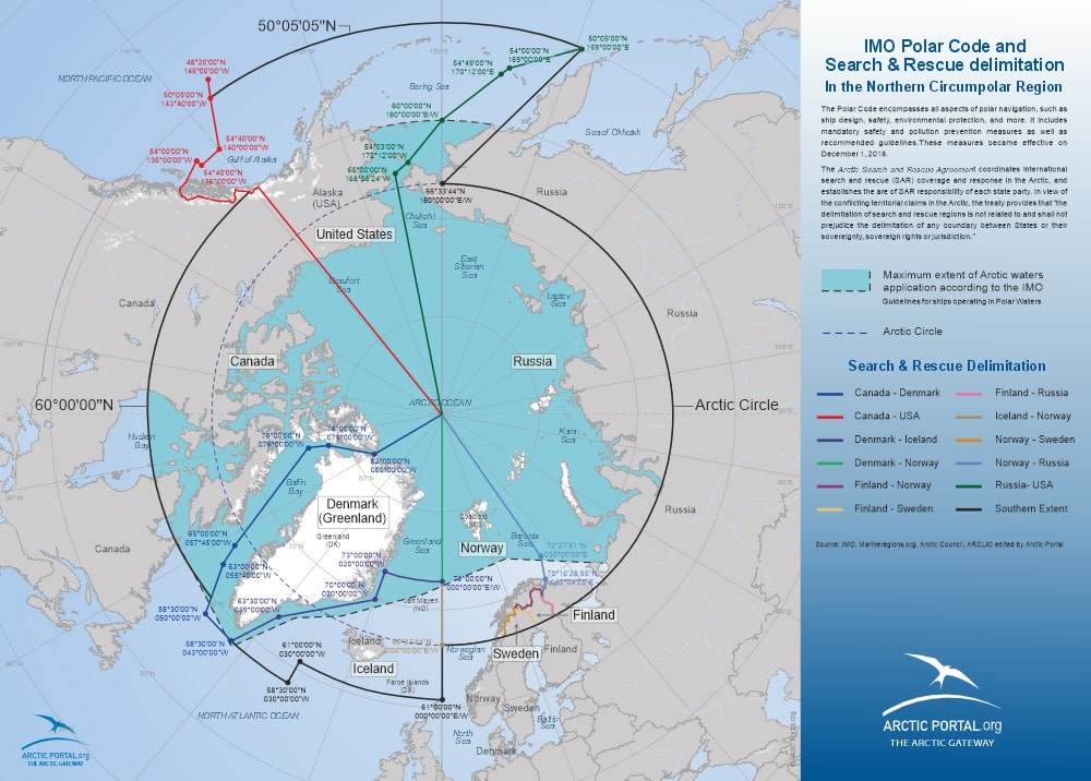 Map: International Code for Ships Operating in Polar Waters (IMO - Polar Code) and Search and Rescue (SAR) delimitation in the Northern Circumpolar Region