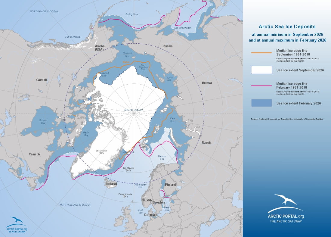 Arctic Portal Map - Arctic Sea Ice Deposits at annual minimum in September 2026 and at annual maximum in February 2026